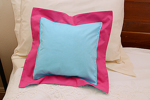 Hemstitch Multicolor Baby Pillow 12x12". Aqua with Pink Peacock